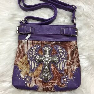 BHW Cross Body Bag Small Camouflage Purse Jeweled Cross Wings Boho Adjustable